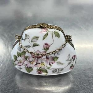 Vintage Limoges Peint Mein France Porcelain Purse Trinket Box Chain Floral - Picture 1 of 10