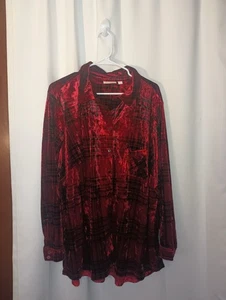 Belle Kim Gravel Damen Crushed Samt Knopfleiste Top 3X rot kariert festlich kuschelig - Bild 1 von 10