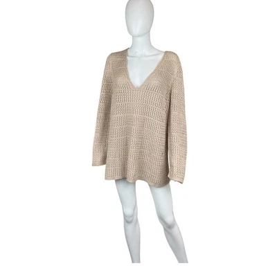 Suéter tejido a ganchillo mezcla seda cachemir Lafayette 148 cuello en V manga larga beige Foto 1 de 4