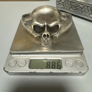 Sterling Silver Biker Harley Davidson Style Men's Skull Cuff Adjustable HEAVY - Picture 1 of 5