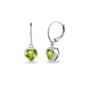 6mm Heart Peridot Bezel-Set Dainty Sterling Silver Dangle Leverback Earrings - Picture 1 of 3
