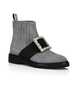 NIB Roger Vivier ‘Viv’ Gray Suede Crystal Buckle Ranger Boots 40EU/10US $1945.00 - Picture 1 of 12