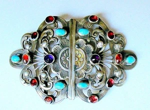 C. 1900 ORNATE JEWELED SILVER 2 Pc RENAISSANCE REVIVAL. BELT BUCKLE - GERMANY - Picture 1 of 5