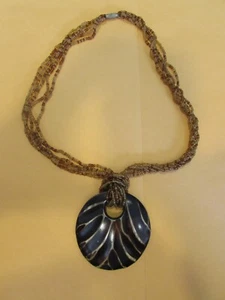 VINTAGE 18" brown/tan 5 strand seed bead necklace with 2 1/2" round wooden fob - Picture 1 of 7