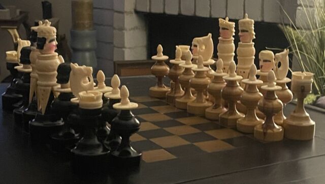 Lot #R142. Large Modern Vizagapatam Bone Chess Set