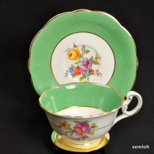 E Brain Foley Pies Taza Platillo Floral Spray Verde Esmeralda Bandas Dorado 1930-1936 - Imagen 1 de 11