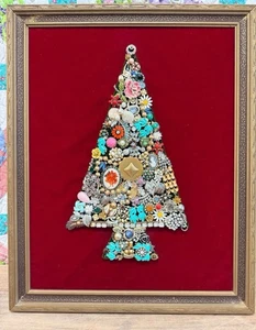 Vintage Samt & Modeschmuck Baum Baum gerahmt - Bild 1 von 6