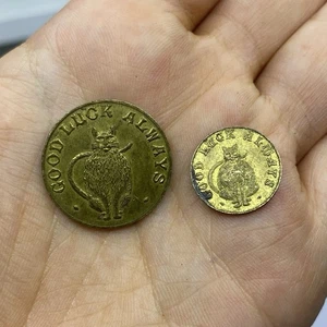 WW1 TRENCH ART CAT TOKENS - GOOD LUCK ALWAYS x 2 - Picture 1 of 4