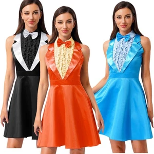 Women's Dumb Dumber Dress Bowtie Lapel Sleeveless Ruffled Chest A-line Costume - Picture 1 of 40