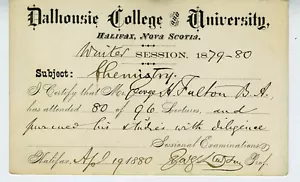 Tarjeta de estudiante 1879 Dalhousie College & University Halifax Nueva Escocia - Imagen 1 de 1