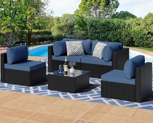 5 Pieces Outdoor Patio Sectional Sofa Couch, Black PE Wicker Furniture Sets, Pat - Picture 1 of 12