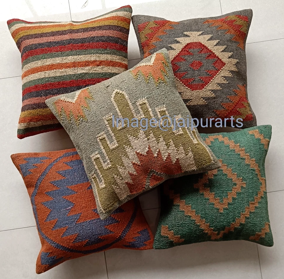 Juego de 4 piezas Funda de cojín de yute Kilim cuadrada de 18" para decoración del hogar Funda de almohada Boho Foto 1 de 4