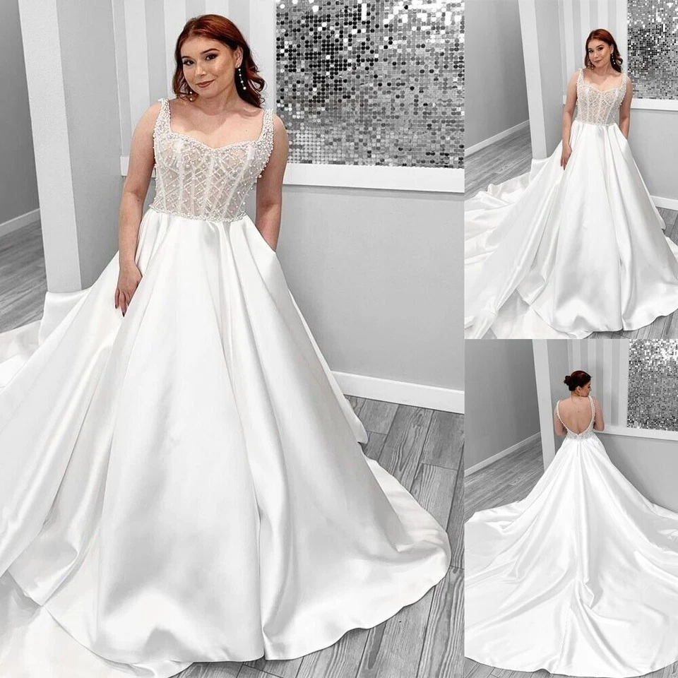 Elegantes vestidos de noiva de cetim com alças de miçangas sem costas gola quadrada vestidos de noiva - Imagem 1 de 4