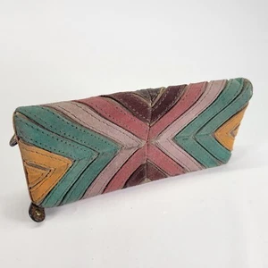 Fossil Chevron Leather Wallet Patchwork Clutch Suede Distressed - Picture 1 of 14
