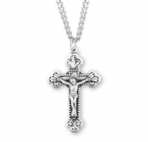 Baroque Leaf Design Sterling Silver 1" Crucifix, 24" Chain, Boxed, US Made - Picture 1 of 3