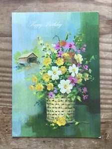 Tarjeta de cumpleaños puente cubierto cesta de flores gemas florales vintage diario basura - Imagen 1 de 4