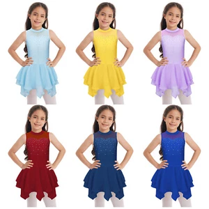 Girls Sparkly Figure Ice Skating Dress Ballet Dance Gymnastics Leotard Skirt - Picture 1 of 67