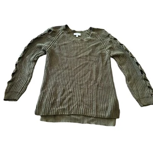 Lucky Brand Sweater Size XS Green Crew Neck Sleeve Cut Out Detail Pullover Knit - Picture 1 of 7