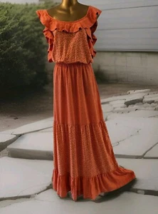 NEXT womens orange geo cotton feel ruffle tiered frill hem maxi dress size 18T - Picture 1 of 22