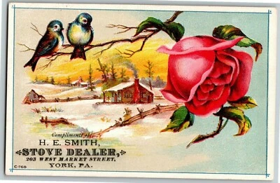 H.E. Estufa victoriana de tarjetas comerciales Smith York, PA distribuidor West Market St. Birds Rose Foto 1 de 2