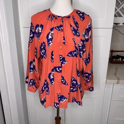 Blusa Tucker Top Coral Mariposa Seda Manga 3/4 Abotonada Grande Diseñador Boho Foto 1 de 4