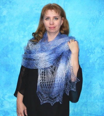 Blue knitted scarf, Warm Russian shawl, Orenburg wool wrap, Stole, Gift for wife - Image 1 of 4