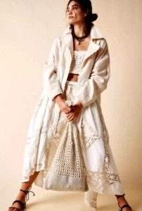 NWT Free People Lily Duster Trench Coat Maxi Belted Lace Crochet Ivory Cream LG - Picture 1 of 10