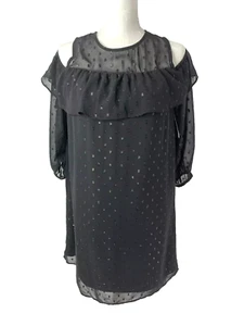 Old Navy Womens Size XS Black Cold Shoulder Semi Sheer Dot Shift Ruffle Dress - Picture 1 of 7