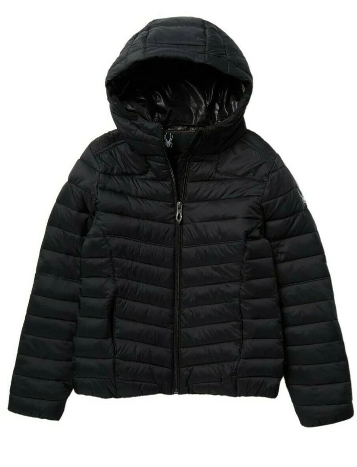 SPYDER SzM (8-10) GIRLS CHANNEL NYLON PUFFER HOODED JACKET BLACK