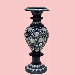 15" Black Marble Flower Vase Pot | Malachite Inlay | Handmade Decorative Home - Picture 1 of 4