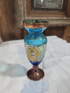 Blue Murano 6" Vase With Gold Tim Design. - Picture 1 of 11