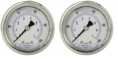 2 PACK LIQUID FILLED PRESSURE GAUGE 0-100 PSI, 2" FACE, 1/4" BACK MOUNT - Image 1 of 3
