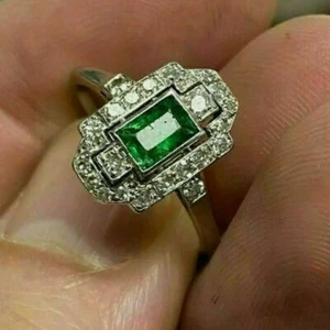 Antique Perfect Vintage Art Deco Wedding Ring 14K White Gold Over 2Ct Emerald - Picture 1 of 9