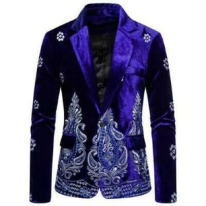 Men‘s Velvet Embroidery Floral Dress Suit Blazers Stage One Button Coats Stage - Picture 1 of 14