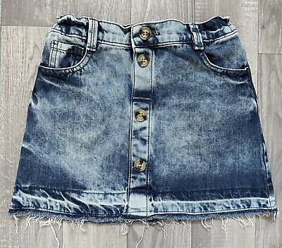 F&F Girls Blue Acid Wash Button Through Frayed Denim Summer Skirt Age 6-7 Years • 4.28€