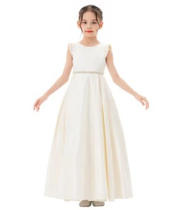 Satin Flower Girl Dress with Ruffled Cap Sleeves Princess Gown Birthday Dresses - Picture 1 of 46