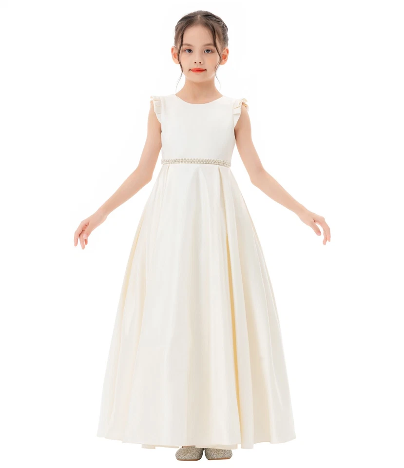 Satin Flower Girl Dress with Ruffled Cap Sleeves Princess Gown Birthday Dresses - Image 1 of 1
