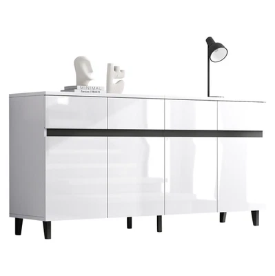 Moderner Hochglanz-Sideboard mit 4 Schubladen 4 Türen Küchenschrank Weiß​ 160cm - Bild 1 von 4