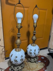 VTG Carl Falkenstein Pair Of Lamps white Glass Gold texture Mid Century 1950 - Picture 1 of 13