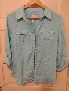 Chicos 1 Long Sleeve Light Aqua Shirt Blouse 100% Linen  - Picture 1 of 6