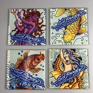Set of 4 Ed Hardy By Christian Audigier Glass Coasters 4x 4” Koi Fish Mermaid - Picture 1 of 9