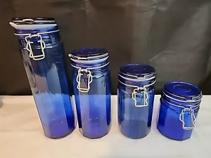 Cobalt Blue Glass Paneled Canister Jar Set Of 4 with Bale Wire and New Gaskets - Picture 1 of 23
