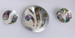 Set orecchini vintage Sterling Taxco Abalone spilla pedante/spilla e retro a vite - Foto 1 di 9