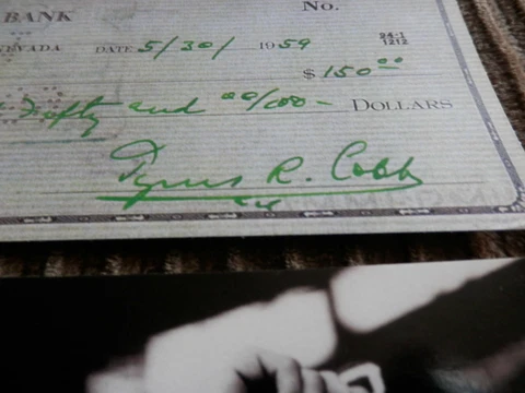 Ty Cobb Detroit Tigers Personal Check (COPY) + 4 Photo Postcards, 1 w/ Babe Ruth Cover