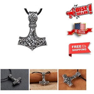 925 Silver Double-Sided Viking Thor's Hammer Pendant - Adjustable Necklace - Picture 1 of 7