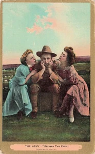 The Army--"Between Two Fires". Man Between 2 Women 1909 Vintage PC - Picture 1 of 2