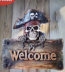 RETRO PIRATE SKULL WELCOME WOOD SIGN PLAQUE DECOR New Funky(flat) HANG 20x20cm - Picture 1 of 2