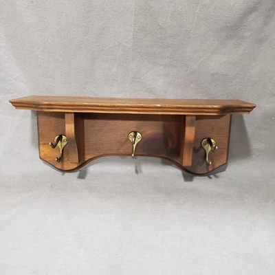 Vtg Wall Shelf 18" Dark Wood Brass Hooks Coat Hat Rack Rustic Country Farmhouse - Image 1 of 4