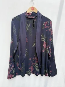 Next Flower Print Tie Neck Blouse Top Long Sleeve Slit Cuff Navy Womens UK 20 - Picture 1 of 10