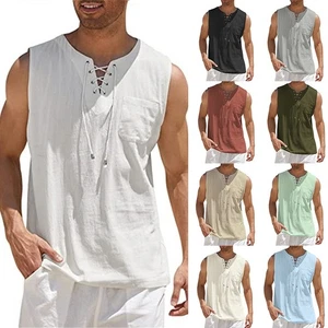 Mens Cotton Linen Tank Tops Vest Summer Muscle Fit Training Gym Plain T Shirt 42 - Picture 1 of 20